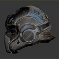 Futuristic Weapon Tactical Helmet With Weathered Metal Mechanical Details And Blue Black Accents