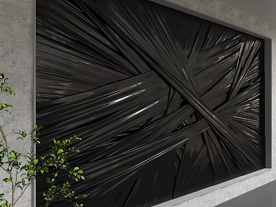 Black Shiny Textured Wall Design With Gray Concrete Background And Green Plants 3d model