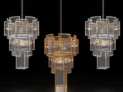 Modern Geometric Chandeliers With Transparent Glass Shades And Gold Frame Details 3d model