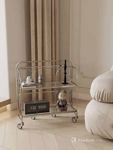 Modern Metal Rolling Shelving Unit With Clock Teddy Bear And Books In Living Room 3d model 