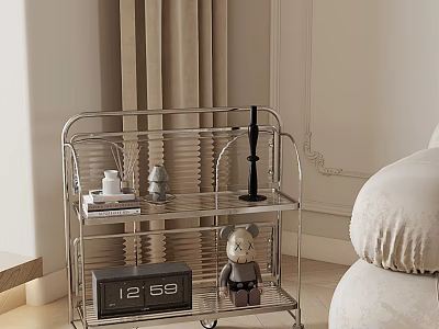 Modern Metal Rolling Shelving Unit With Clock Teddy Bear And Books In Living Room 3d model