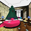 Hotel Guest Room Interior With Green Canopy Bed Pink Sofa Round Bathtub And Decorative Wallpaper