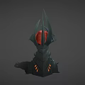 Ornamental Dark Metallic Tower With Spiked Top And Glowing Orange Orb