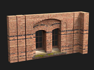 Red Brick Exterior Wall Featuring Arched Windows Black Horizontal Stripes And Bottom Flower Bed 3d model