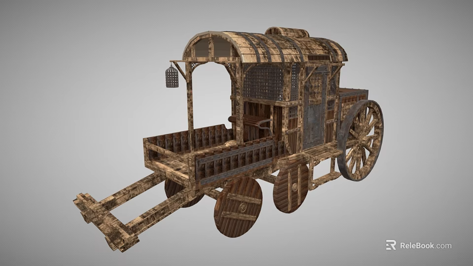 Vintage Wooden Horse-Drawn Carriage With Canopy Large Wheels And Classic Railing Design 3d model 