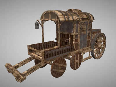 Vintage Wooden Horse-Drawn Carriage With Canopy Large Wheels And Classic Railing Design 3d model