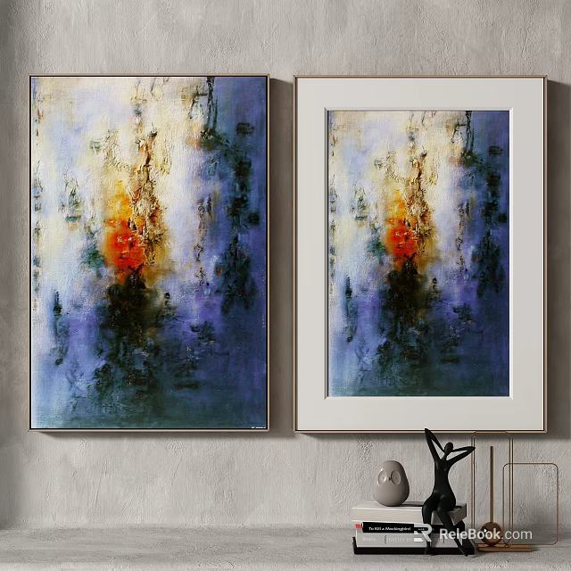 Two Colorful Abstract Paintings With Blue Purple Yellow Red Tones Framed On Wall 3d model 