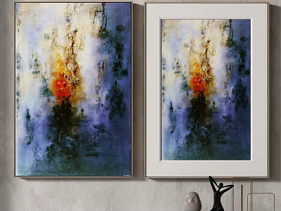 Two Colorful Abstract Paintings With Blue Purple Yellow Red Tones Framed On Wall 3d model