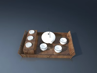 Elegant Wooden Swing Door Tray With White Teapot And Teacups 3d model