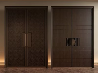 Modern Dark Brown Security Doors With Woven Texture Metal Handles And Grid Pattern Decorative Panel 3d model