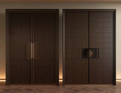Modern Dark Brown Security Doors With Woven Texture Metal Handles And Grid Pattern Decorative Panel 3d model
