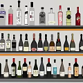 Different Types of Wine Bottles and Glasses with Various Labels on Shelves