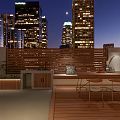 Modern Garden Landscape With Wooden Terrace Patio Furniture And Night City Lights