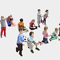 Group of Kids Playing Various Activities Standing Sitting And Holding Toys