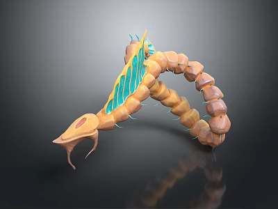 Game And Movie Character 3D Design Of Orange Segmented Creature With Blue Fins Curved Body 3d model