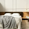 Modern Bedroom Interior With Cozy Bed White Pillows Gray Blanket Nightstands Table Lamp And Chair