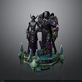 Fantasy Character Display With Ornate Costumes And Decorative Spiked Pedestal