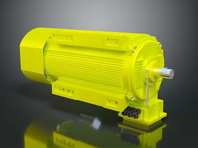 Yellow Industrial Electric Motor With Cooling Fins And Rotating Shaft Structure 3d model