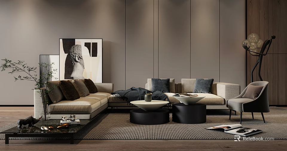 Modern Living Room Sofa and Round Coffee Table Set with Beige Upholstery Throw Pillows 3d model 