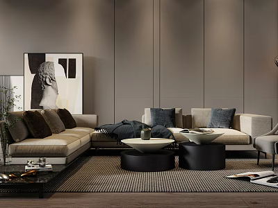 Modern Living Room Sofa and Round Coffee Table Set with Beige Upholstery Throw Pillows 3d model