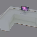 White Reception Desk With Wooden Trim And Computer Monitor Red Accent