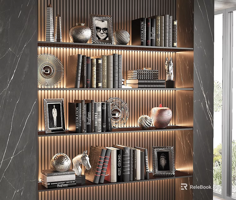 Stylish Books and Decorative Items on Layered Shelves with Dark Background Lighting 3d model 