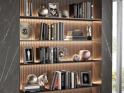 Stylish Books and Decorative Items on Layered Shelves with Dark Background Lighting 3d model