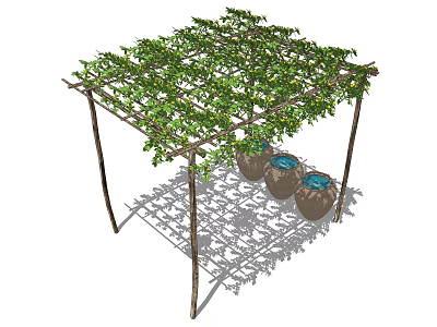 Outdoor Pergola Covered With Lush Green Vines And Decorative Clay Pots 3d model