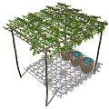 Outdoor Pergola Covered With Lush Green Vines And Decorative Clay Pots