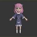 3D Cartoon Character With Pink Hair Green Eyes And Blue Dress Cat Ears