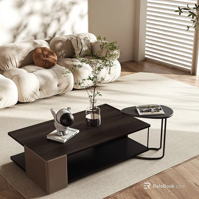 Beige Plush Sofa and Coffee Table Set with Green Plant Globe Magazine on Light Rug 3d model 