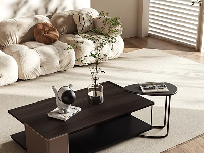 Beige Plush Sofa and Coffee Table Set with Green Plant Globe Magazine on Light Rug 3d model