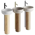 Modern Pedestal Washbasin Design Featuring White Light Gray Basins Wooden Pedestals and Black Gold Faucets