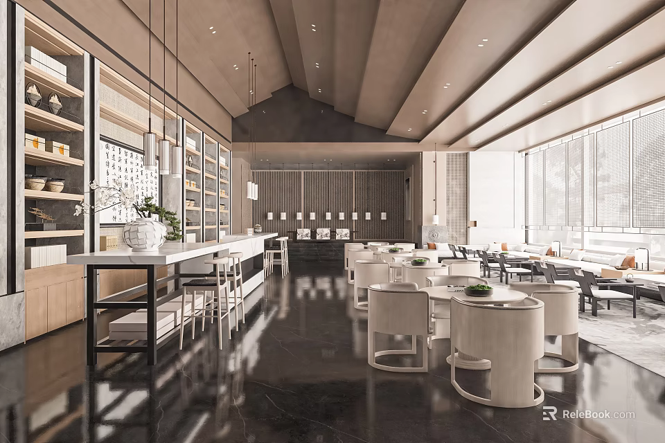Modern Reception Area Interior Design With Counter Chairs Hanging Lights And Open Space 3d model 