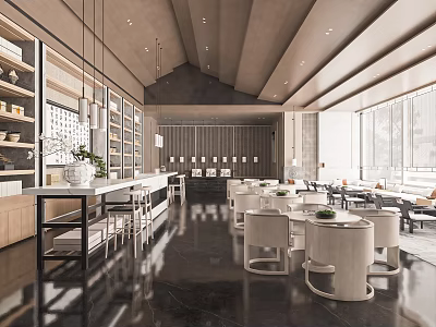 Modern Reception Area Interior Design With Counter Chairs Hanging Lights And Open Space 3d model