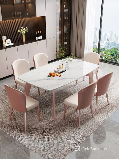 Modern Dining Room Interior With White Table Pink Chairs And Scenic Window View 3d model
