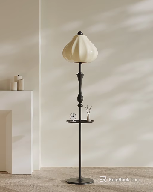 Elegant Floor Lamp with Ivory Lampshade Black Pole and Tray for Living Room 3d model 