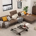Cozy Living Room With Brown Sofa Yellow White Cushions Throw Blanket And Snowy Mountain View