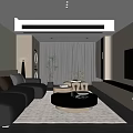 Modern Minimalist Living Room Interior With Gray Sofa Round Coffee Table TV And Large Windows