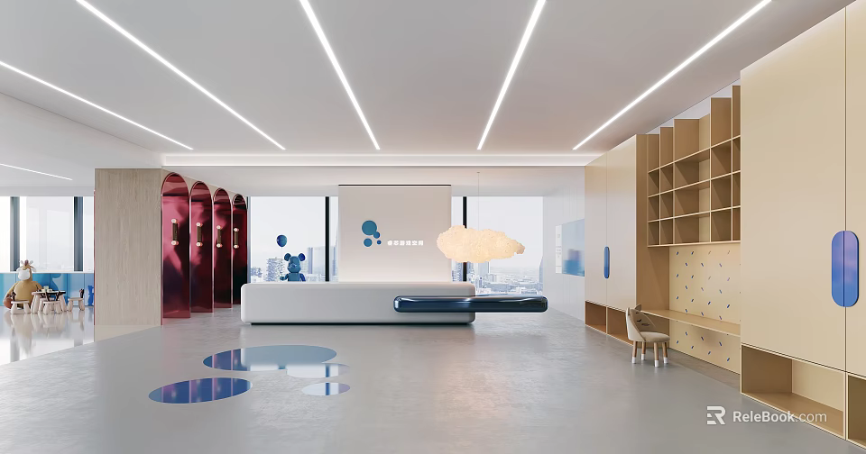Modern Front Desk Reception Area With Cloud Pendant Light City View Shelves And Blue Decorations 3d model 
