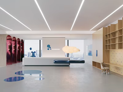 Modern Front Desk Reception Area With Cloud Pendant Light City View Shelves And Blue Decorations 3d model
