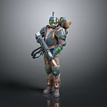 Sci Fi Humanoid Character In Mechanical Armor Holding Tool With Green Details And Backpack Device 3d model