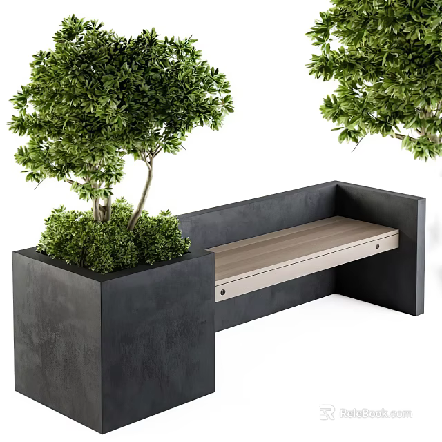Modern Outdoor Chair With Wooden Seat And Concrete Frame Surrounded By Green Trees 3d model 