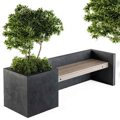 Modern Outdoor Chair With Wooden Seat And Concrete Frame Surrounded By Green Trees 3d model