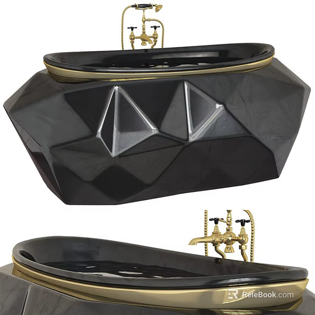 Black Geometric Design Bathtub With Polished Surface And Gold Faucet 3d model 