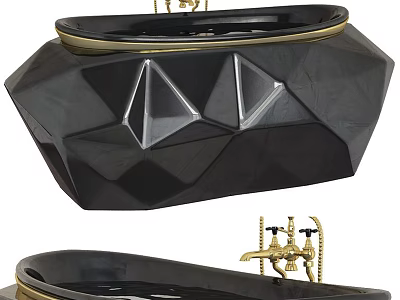 Black Geometric Design Bathtub With Polished Surface And Gold Faucet 3d model