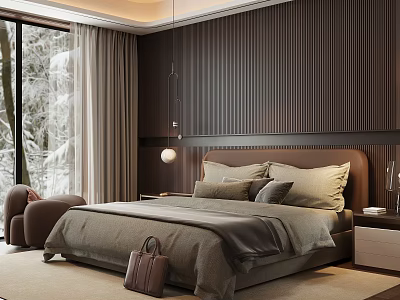 Modern Bedroom Interior With Wooden Panel Walls Bed Headboard Pillows And Winter Forest View 3d model