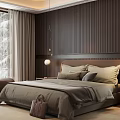 Modern Bedroom Interior With Wooden Panel Walls Bed Headboard Pillows And Winter Forest View