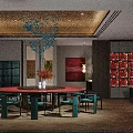 Private Dining Room With Round Table Teal Chairs Ceiling Decor And Wall Art 3d model