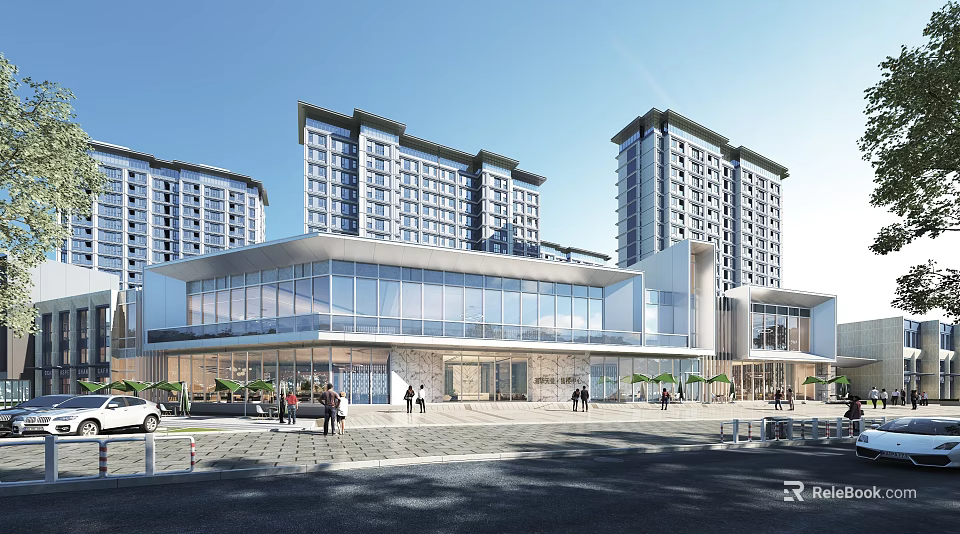 Modern Sales Office Building With Glass Curtain Wall Front Plaza And High Rise Residential Buildings 3d model 